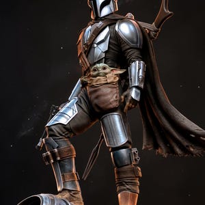 May include: A detailed figurine of The Mandalorian, clad in silver armor and a dark cape, with Grogu in a pouch. The figure stands on a metallic base, showcasing intricate details and a dynamic pose, perfect for Star Wars fans.