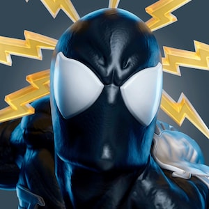 May include: A black figurine featuring a smooth, dark mask with large, white, almond-shaped eyes. The character is surrounded by several translucent, yellow, jagged lightning bolt shapes that radiate outward from behind the head and shoulders.