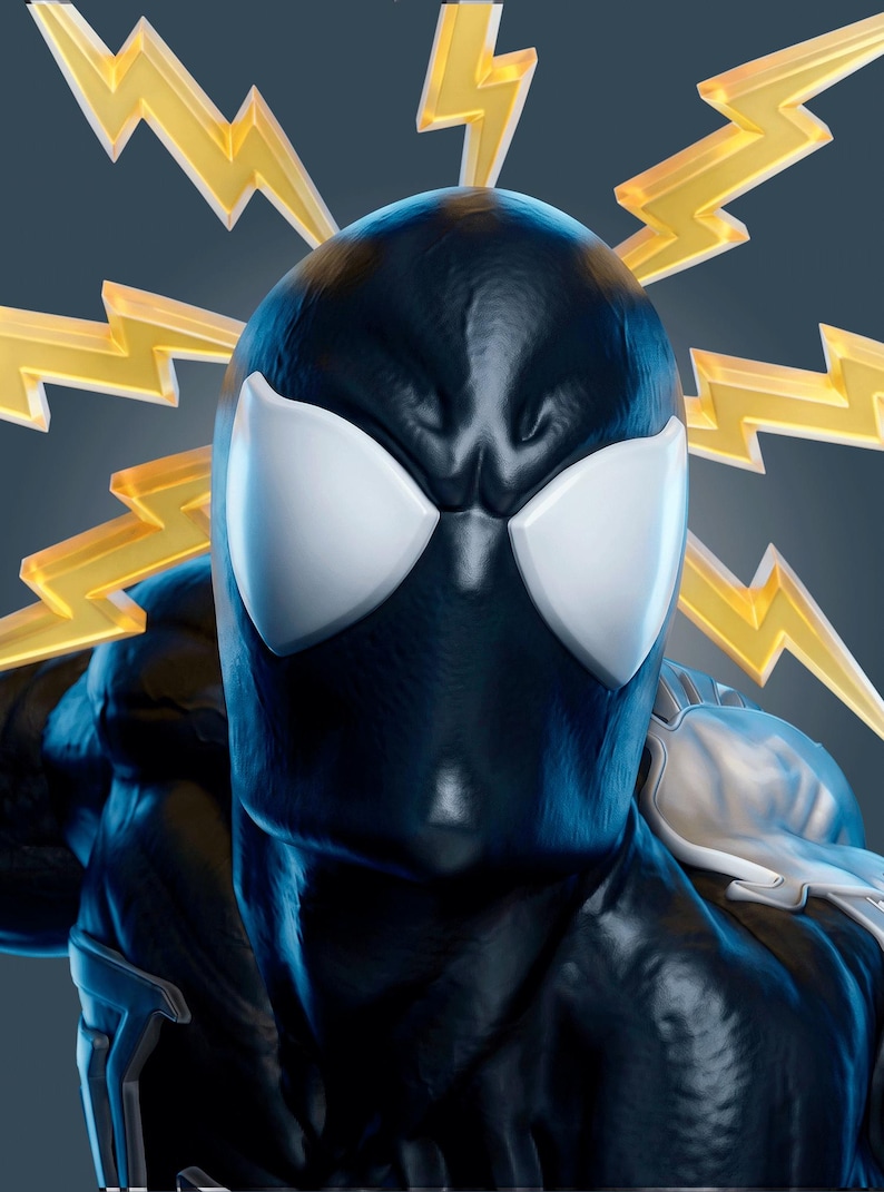 May include: A black figurine featuring a smooth, dark mask with large, white, almond-shaped eyes. The character is surrounded by several translucent, yellow, jagged lightning bolt shapes that radiate outward from behind the head and shoulders.