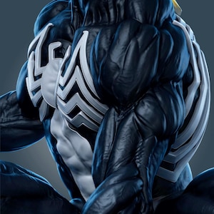 May include: A highly detailed figurine of the character Venom, featuring a muscular black body with a prominent white spider emblem on the chest and back. The figure displays a glossy, textured surface with defined musculature and sharp edges.