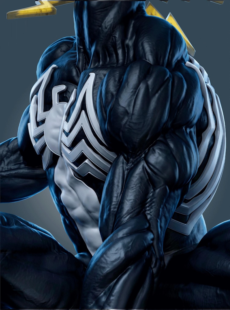 May include: A highly detailed figurine of the character Venom, featuring a muscular black body with a prominent white spider emblem on the chest and back. The figure displays a glossy, textured surface with defined musculature and sharp edges.