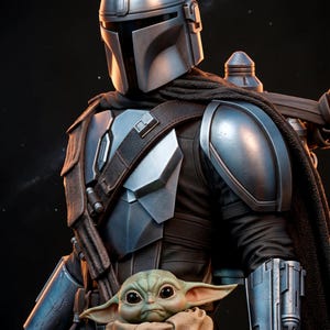 May include: A detailed figure of The Mandalorian in silver armor, with a black cape and a small green alien, Grogu, in a tan cloth. The Mandalorian's helmet is reflective, and the background is dark with faint stars.