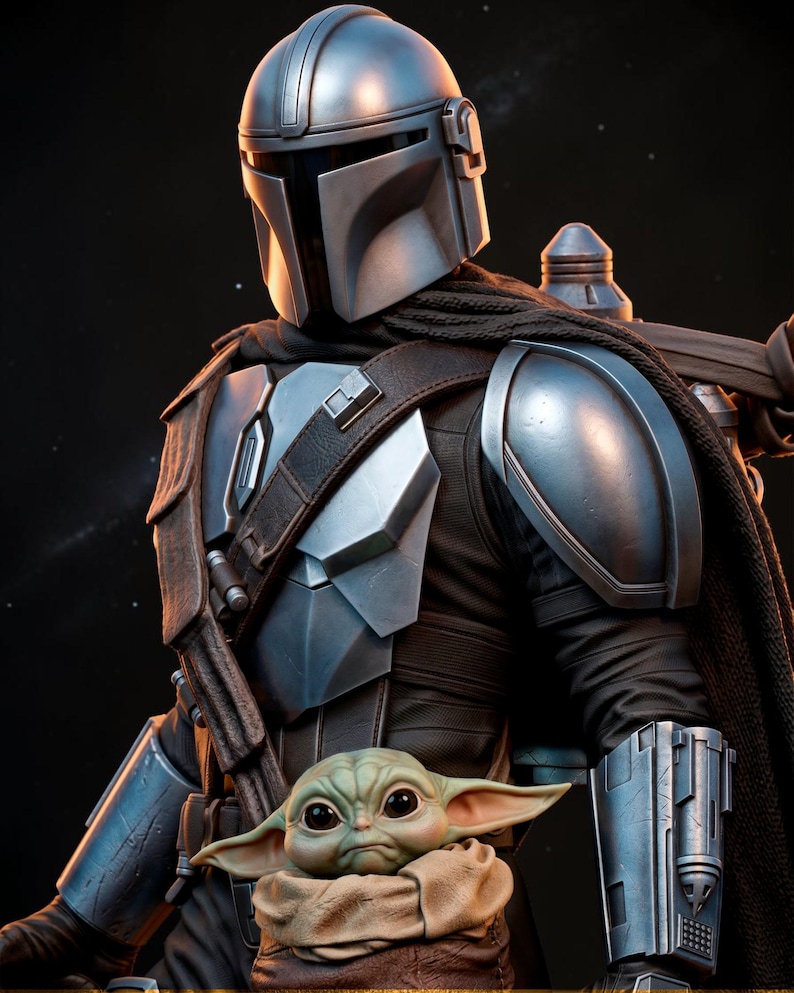 May include: A detailed figure of The Mandalorian in silver armor, with a black cape and a small green alien, Grogu, in a tan cloth. The Mandalorian's helmet is reflective, and the background is dark with faint stars.