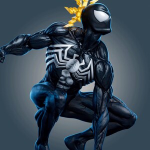 May include: A black muscular figure in a crouching pose with a large white spider emblem on the chest, white eye patches, and a yellow translucent lightning bolt accessory extending from the back of the head, mounted on a textured base.