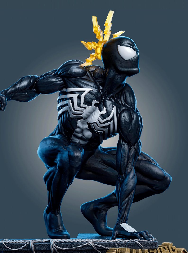 May include: A black muscular figure in a crouching pose with a large white spider emblem on the chest, white eye patches, and a yellow translucent lightning bolt accessory extending from the back of the head, mounted on a textured base.
