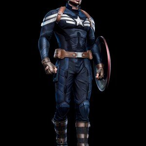 May include: A full-body image of Captain America in a navy blue and white costume, holding his shield. The costume features a white star on the chest, brown straps, and a blue helmet with a white "A". The shield is red, white, and blue.