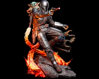 Figurine en résine Mandalorian et Grogu – Kit peint et non peint à la main | Statue faite main