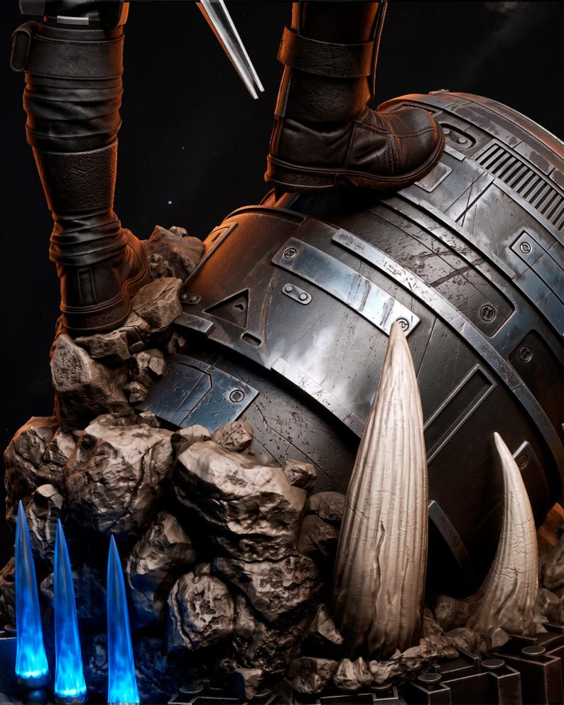 May include: A detailed sculpture featuring a figure's boots atop a metallic, cylindrical structure. The sculpture includes rocky terrain and three blue, glowing, icicle-shaped elements. The boots are brown, and the structure is metallic.