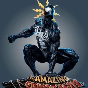 May include: A black-suited Spider-Man figurine in a crouching pose with a white spider emblem on the chest and yellow lightning bolts behind the head. The base features the text "The Amazing Spider-Man" and "Kraven's Last Hunt" in gold lettering.