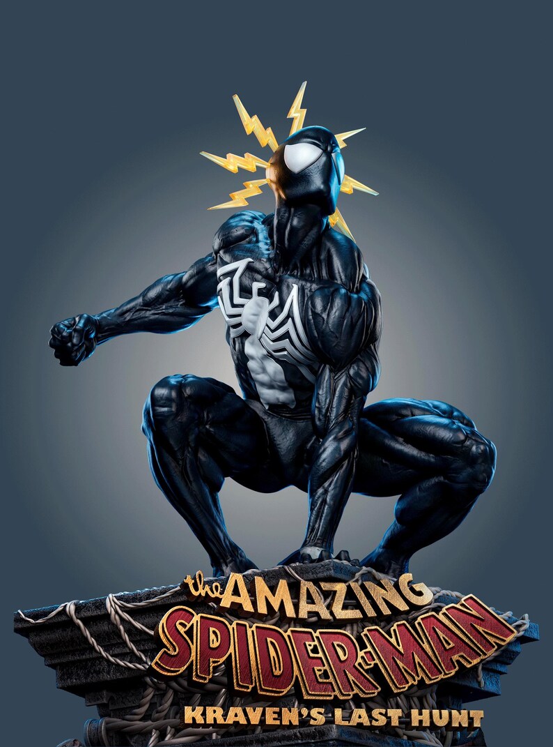 May include: A black-suited Spider-Man figurine in a crouching pose with a white spider emblem on the chest and yellow lightning bolts behind the head. The base features the text "The Amazing Spider-Man" and "Kraven's Last Hunt" in gold lettering.