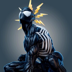 May include: A muscular, crouching figurine with a black, textured body and a large white spider emblem on the back. The figure features white, almond-shaped eyes and translucent yellow lightning bolt accents radiating from behind the head.