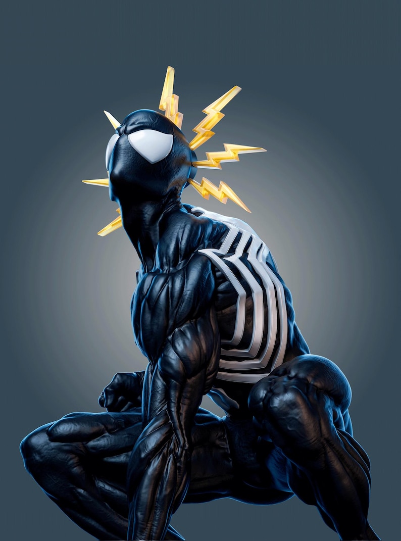 May include: A muscular, crouching figurine with a black, textured body and a large white spider emblem on the back. The figure features white, almond-shaped eyes and translucent yellow lightning bolt accents radiating from behind the head.