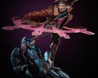 May include: A detailed statue of the Marvel Comics character Gambit in a dynamic pose, with pink energy effects. He wears a brown coat and stands on a blue and gray robotic hand. The statue is labeled "Presupport Ready 1:6 Scale."