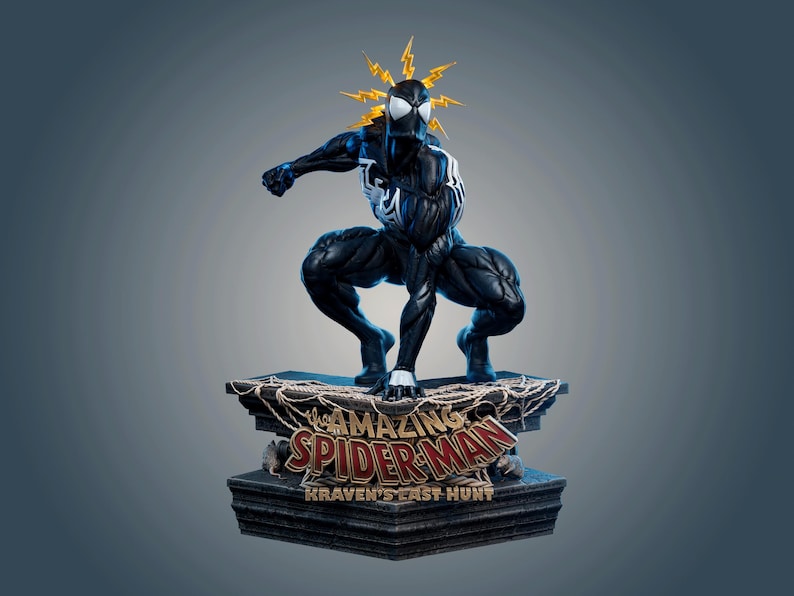 May include: A black-suited Spider-Man figurine in a crouching pose with white eyes and a white spider emblem on the chest. Yellow lightning bolts emanate from the head. The base features the text The Amazing Spider-Man Kraven's Last Hunt.