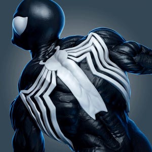 May include: A highly detailed figurine of a muscular character with black skin and a large, white, spider-like emblem covering the chest and back. The figure features a smooth, dark texture, prominent muscle definition, and large, white, almond-shaped eyes.