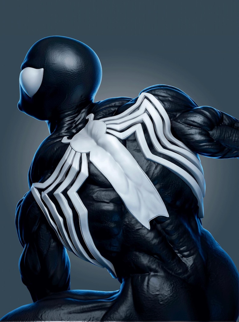 May include: A highly detailed figurine of a muscular character with black skin and a large, white, spider-like emblem covering the chest and back. The figure features a smooth, dark texture, prominent muscle definition, and large, white, almond-shaped eyes.