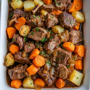 May include: A white casserole dish filled with a hearty beef stew. The stew includes chunks of beef, carrots, potatoes, and onions in a rich brown gravy.