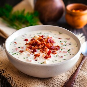 Puede incluir: Un bol blanco lleno de sopa cremosa de patatas coronada con trozos de tocino crujientes y eneldo fresco.