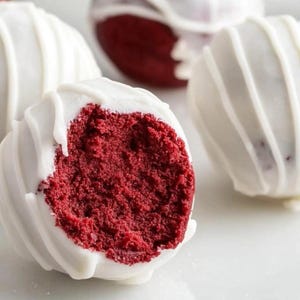 May include: A close-up of red velvet cake pops dipped in white chocolate. One cake pop is partially eaten, revealing the red velvet cake inside.