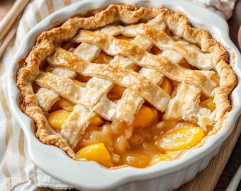 May include: A golden brown peach pie with a lattice crust in a white ceramic pie dish. The pie is on a striped tablecloth.
