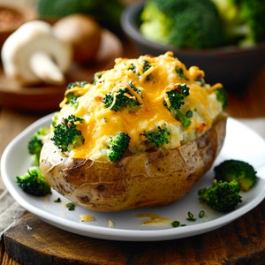 May include: A baked potato topped with broccoli florets, melted cheese, and a sprinkle of chives. The potato is on a white plate with more broccoli florets on the side.