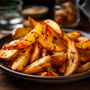 Op de afbeelding: Een close-up van een bord met goudbruine aardappelpartjes. De partjes zijn gekruid met kruiden en specerijen en zijn in een stapel gerangschikt.