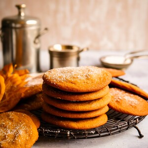 May include: A stack of six round, golden brown cookies dusted with powdered sugar on a black wire rack.