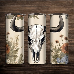 Western Floral Longhorn Skull 20 oz Skinny Tumbler Sublimatie Wrap // Digitale Download PNG // Digitaal Bestand // Western Tumbler