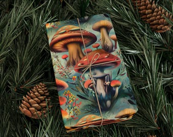 Retro svamppresentpapper, mörk skogsmark, skogssvamp, specialdesignad svamp, psykedeliskt presentpapper