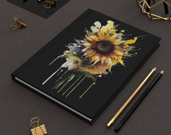 Elegant Sunflower Black Hardcover Journal Matte, Gift for her, Journal for her, Black Journal, Watercolor Journal