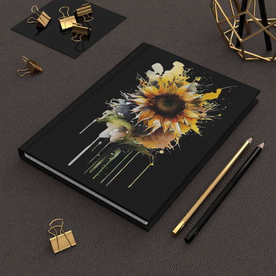 Elegant Sunflower Black Hardcover Journal Matte, Gift for her, Journal for her, Black Journal, Watercolor Journal
