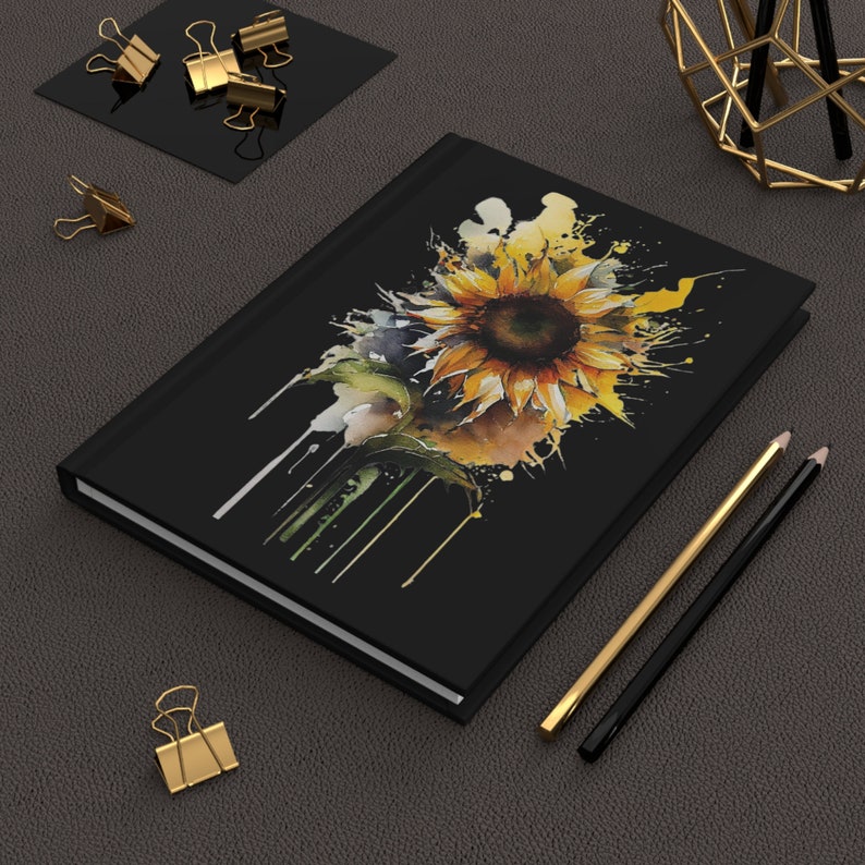 Elegant solros svart inbunden journal matt, present till henne, journal för henne, svart journal, akvarell journal bild 1