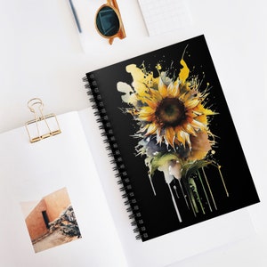 Cuaderno espiral negro acuarela de girasol - Línea reglada, Diario para ella, Regalo para ella, Cuaderno de arte, Regalo para la madre, Regalo navideño