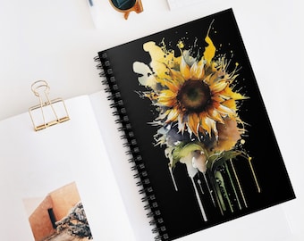 Sunflower Watercolor Black Spiral Notebook - Ruled Line, Journal for her, Gift for her, Art Notebook, Gift for Mother, Holiday Gift