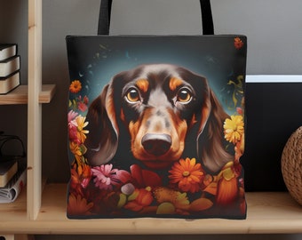 Dachshund Gift Doxie Tote Bag for Dachshund Lovers Spring Flower Tote Gift for Doxie Mom Tote Bag Carryall Grocery Bag Book Bag