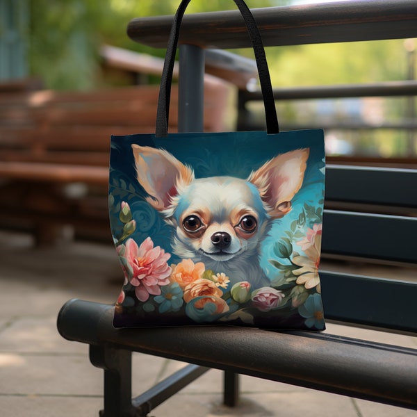 Chihuahua Gift Tote Bag for Chihuahua Lovers Spring Flower Tote Gift for Chi-Chi Mom Tote Bag Carryall Reusable Grocery Bag Library Book Bag