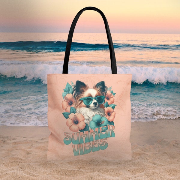 Papillon Summer Vibes Tote Bag for Papillon Lover Carryall Beach Bag Reusable Grocery Bag Library Bookbag Dog Tote Bag Papillon Mama Gift