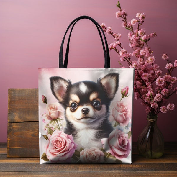 Chihuahua Puppy Tote Bag for Chihuahua Lovers Pink Roses Valentine Gift for  Mom Tote Bag Carry all Grocery Bag Valentine Gift Bag