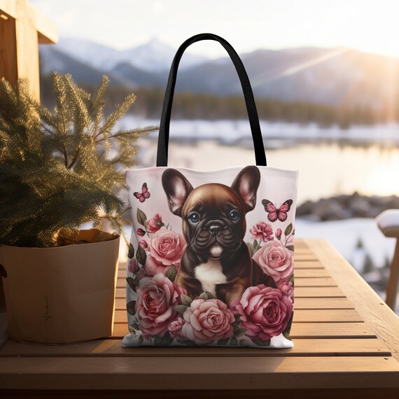 Frenchie Puppy Tote Bag for Dog Lovers Pink Roses Dog Gift for Mom Tote Bag Carry All Grocery Bag Etsy