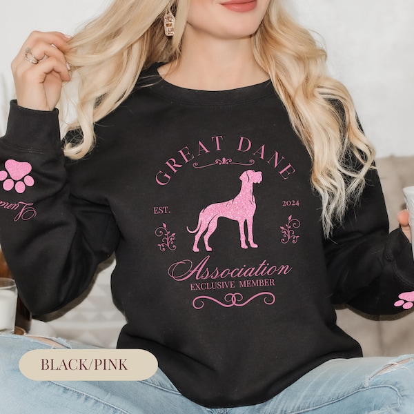 Personalized Great Dane (with Natural Ears) Sweatshirt Names on Sleeve Customized Gift for Great Dane Mama Dog Lover Sweatshirt Custom Gift