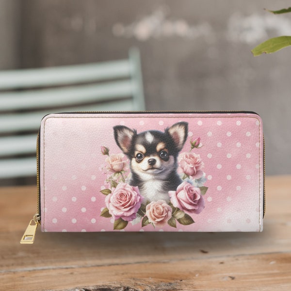 Chihuahua Pink Roses and Polka Dots Zipper Wallet Chihuahua Lover Gift for Chi Mom Gift for Her Chihuahua Accessories Chihuahua Mama