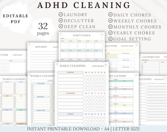 EDITIERBARER ADHD Reinigungsplaner, ADHD Reinigungscheckliste, täglicher, wöchentlicher, monatlicher Reinigungsplaner, bearbeitbarer Haushaltsreinigungszeitplan