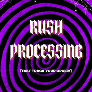 May include: A graphic with a purple and black spiral background. The words "RUSH PROCESSING" are in white, outlined in orange, with a gothic font. Below, the text reads "[FAST TRACK YOUR ORDER!]" in a smaller font.