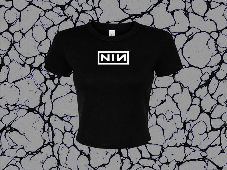 NIN Industrial Metal Logo Cropped T-shirt | Handmade 90s Band-Inspired Shirt Custom Colors & Glitter image 1