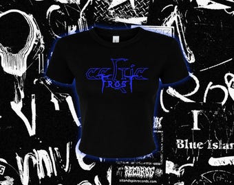 Camiseta de bebé Celtic Frost, hecha a mano, de banda de black metal, con colores personalizados y purpurina.