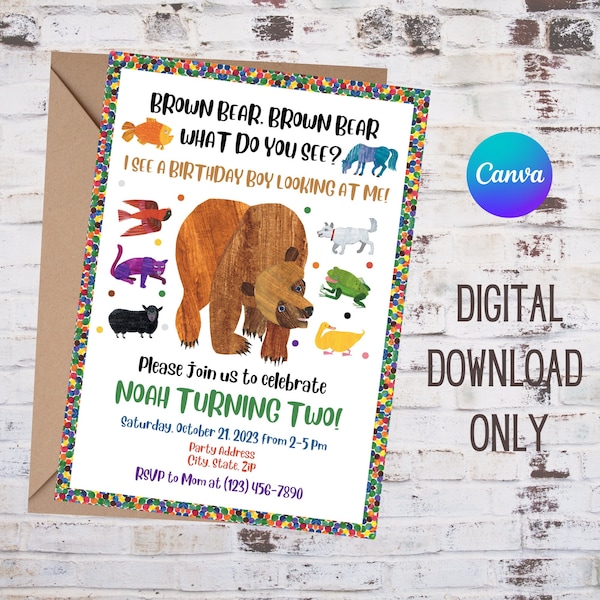 Braunbär Braunbär Einladung | Kinder Party Einladung | Eric Carle Braunbär | Sofortiger Einladungs-Download