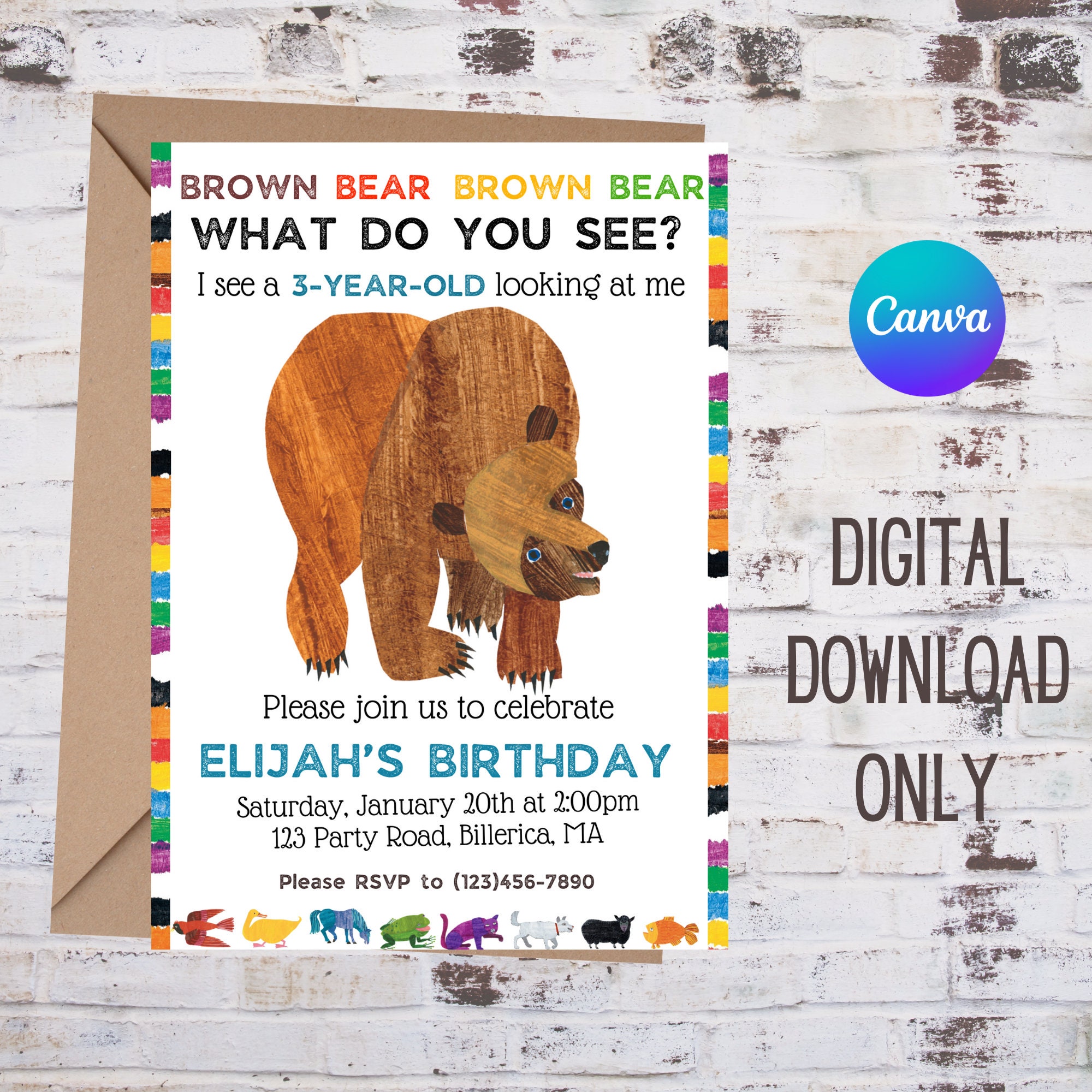 Brown Bear Brown Bear Invitation | Kids Party Invitation | Eric Carle Brown Bear | Instant Invitation Download