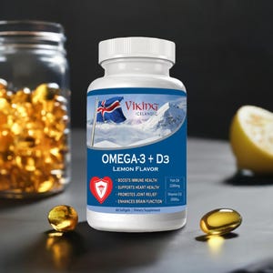 Może przedstawiać: Biała butelka suplement&oacute;w Viking Icelandic Omega-3 + D3 o smaku cytrynowym. Etykieta zawiera flagę Islandii i ośnieżone g&oacute;ry. Butelka zawiera 60 kapsułek i wymienia korzyści, takie jak wzmocnienie odporności.