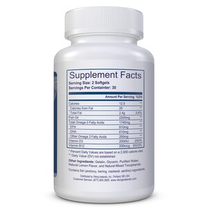 Może przedstawiać: Biała plastikowa butelka z suplementami w postaci kapsułek. Etykieta zawiera "Supplement Facts" z informacjami o wartości odżywczej, w tym kaloriach, tłuszczach i kwasach tłuszczowych omega-3. Butelka zawiera 30 porcji po 2 kapsułki.