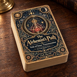 May include: A deck of 52 oracle cards titled The Alchemist's Path: Veils of Inner Transmutation. The card face features a gold snake forming a circle around a glowing glass flask, set against a dark blue background with gold celestial motifs.